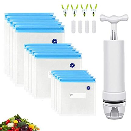 Sous Vide Bags 15pack Reusable Vacuum Food Storage Bags for Food Storage, Different Size Vacuum Food Saver Bags with 1 Hand Pump, 4 Sealing Clips