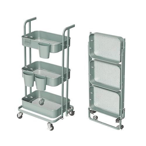 Merapi 3 Tier Foldable Rolling Cart, Metal Utility Cart with Wheels, 3 Hanging Cups and 6 Hooks, Folding Trolley for Living Room, Kitchen, Bathro