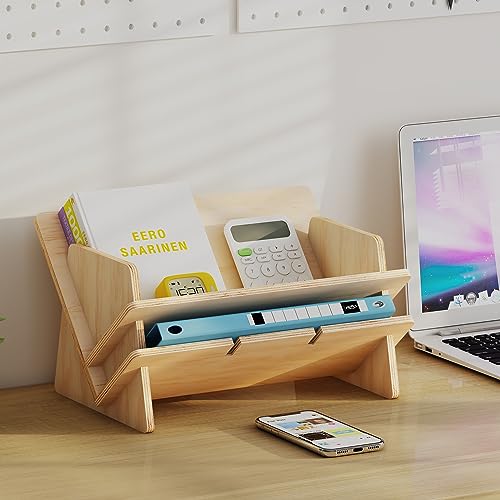 RekRang Desktop Bookshelf Desk Organizer Shelf,Tabletop Tilted Bookcases with Pen Holder,3-in-1 Wood Storage Rack Display Stand Shelf Home Office