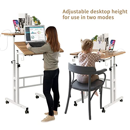 SIDUCAL Mobile Stand Up Desk, Adjustable Laptop Desk with Wheels, Home Office Workstation with USB Ports and Outlets, Rolling Desk Laptop Cart fo