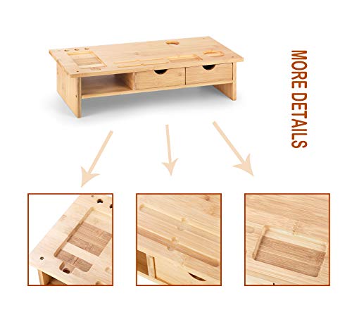 Monitor Stand Riser Desk Organizer-Bamboo 2 Tier Laptop Stand with Drawers, Adjustable Desktop Storage Organizer for Computer, Printer, Cellphone
