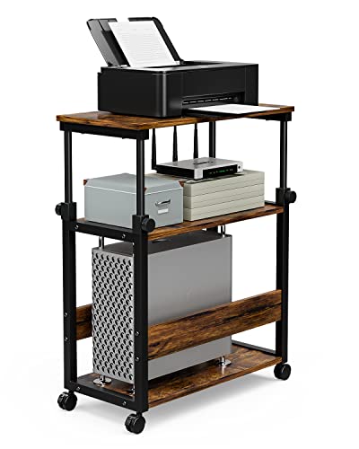 Printer Stand, Computer Tower Stand with Storage, Height Adjustable Printer Cart Under Desk, Rolling Printer Table for Home Office, Rustic Brown