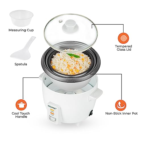 Geepas Rice Cooker, 0.6L | Electric Rice Cooker with Keep Warm Function, Automatic Cooking, Non-Stick Inner Pot | Includes Measuring Cup, Spatula