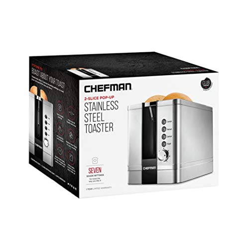 Chefman 2 Slice Toaster, 7 Shade Settings, Stainless Steel Toaster 2 Slice with Extra-Wide Slots, Thick Bread Toaster and Bagel Toaster, Reheat,