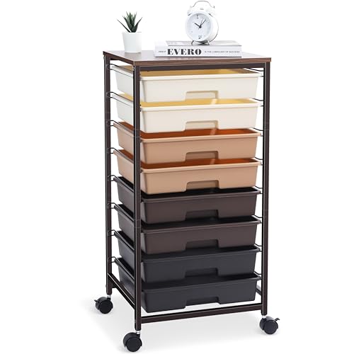 KINGRACK Storaeg Drawer Cart,Rolling Storage Cart with 5 Drawers, Storage Trolley Cart with Plastic Drawers,Utility Cart with Drawer,Wooden Table