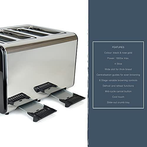Kitchen Perfected 4 Slice Wide Slot Toaster, 6 Browning Settings, Defrost/Reheat/Cancel, High Lift, Centralisation Even Toasting - Black Stainles