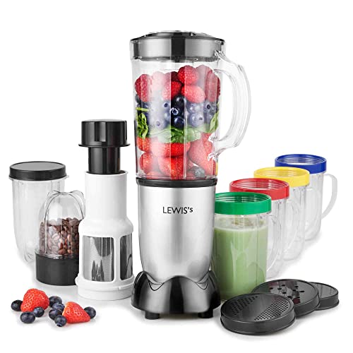 Lewis's 8-IN-1 Multi Jug Power Blender – Personal Blender & Smoothie Maker with 1L Blending Jug, Large Fruit Juice Bottle (500ml), Blending Cup (