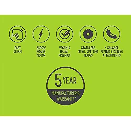 healthkick Electric Food Meat Grinder and Mincer/Burger, Sausage, Mince and Kibbeh Maker/Powerful Motor: 2600W Max/Stainless Steel / 8 Attachment