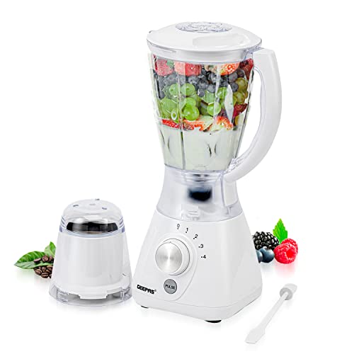 Geepas 550W 2 in 1 Food Jug Blender with 1.5L BPA Free Jar | 4 Sharp Stainless Steel Blades with 2 Speed | Ice Crusher, Mill, Coffee/Spice Grinde