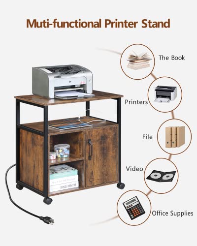 Kavonty Lateral File Cabinet,Office Filing Cabinets with Socket and USB Charging Port,Modern Rolling Printer Stand with Storage for A4, Letter Si