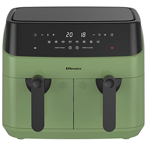 EMtronics EMAFDD9LSG Dual Air Fryer Extra Large Family Size Double XL 9 Litre 8 Adjustable Pre-Set Menus for Oil Free & Low Fat Healthy Cooking,