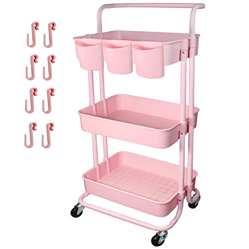 Piowio 3 Tier Utility Rolling Cart Multifunction Organizer Shelf Storage Cart with 3 Piece Cups and 8 Piece Hooks for Home Kitchen Bathroom Laund