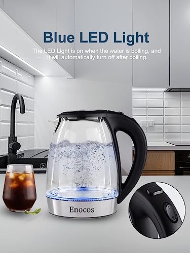 Enocos Fast Boil Electric Kettle, 2.0 L, 2300 Watts, Glass Kettle Easy to Clean, Auto Shut-Off and Boil-Dry Protection, BPA Free