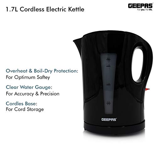 Geepas Electric Kettle, 2200W | Boil Dry Protection & Auto Shut Off | 1.7L Cordless Fast Boil Jug Kettle for Hot Water Tea or Coffee | Swivel Bas