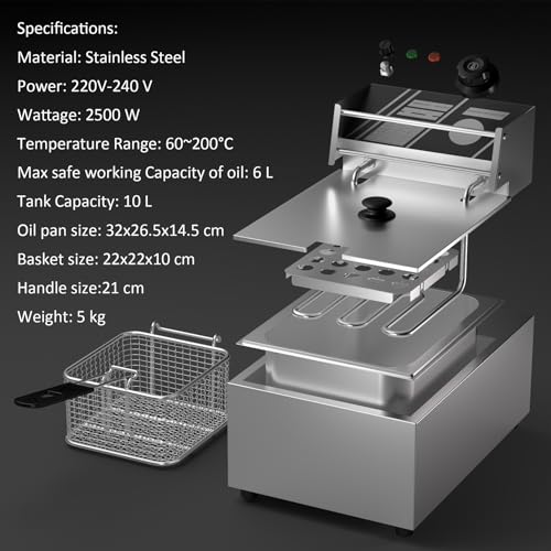 Electric Deep Fryer 10L 2500W Countertop Stainless Steel Single Tank with Lid Basket Home Restaurant