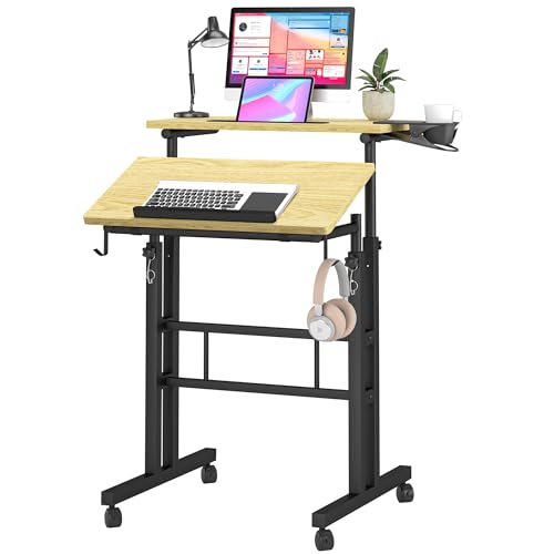 Klvied Rolling Mobile Desk with Cup Holder, Portable, Adjustable Height Small Stand up Desk on Wheels for Home Office Laptop Cart, Computer, Stan