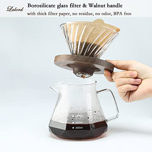 Lalord Pour Over Coffee Maker, 600 ml Borosilicate Glass Carafe with V60 Paper Filter 80 Sheets, Walnut Handle, Drip Coffee Maker for Home Café R