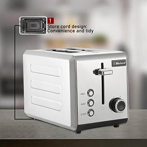 Belaco 2-Slice Toaster Wide Slots with Frozen, Cancel and Reheat Settings, Full Stainless-Steel Body, 810W