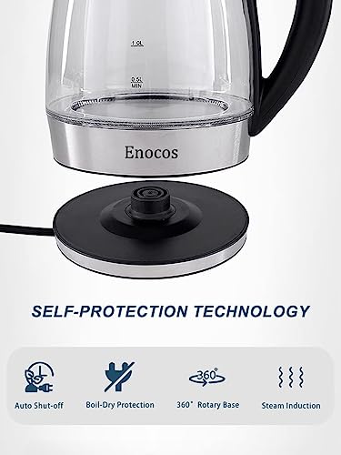 Enocos Fast Boil Electric Kettle, 2.0 L, 2300 Watts, Glass Kettle Easy to Clean, Auto Shut-Off and Boil-Dry Protection, BPA Free
