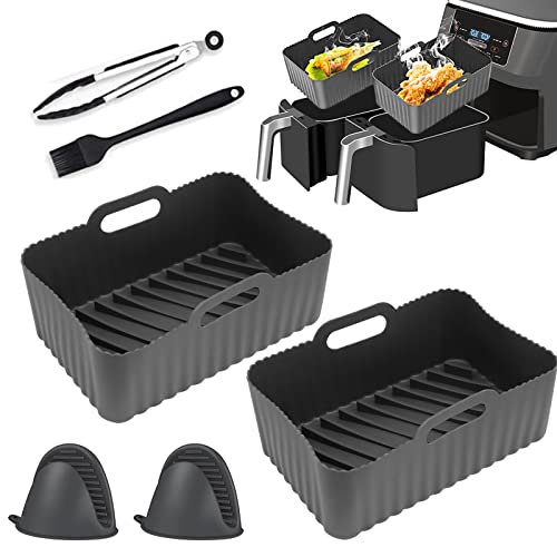 DIFCUL 2PCS Silicone Pot For Ninjas Dual Air Fryer, Silicone Air Fryer Liners Double Air Fryer Silicone Air Fryer Basket,Air Fryer Rack, Accessor