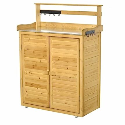 WALNUT Backyard Garden Tool Storage Shed, Outdoor Storage & Potting Bench With 2 Magnetic Close Doors