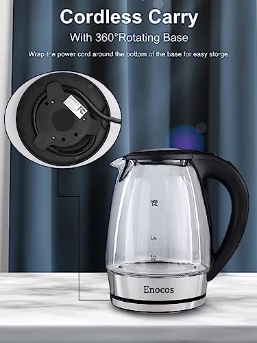 Enocos Fast Boil Electric Kettle, 2.0 L, 2300 Watts, Glass Kettle Easy to Clean, Auto Shut-Off and Boil-Dry Protection, BPA Free
