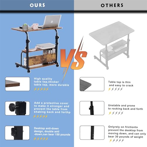 Portable Rolling Desk Adjustable Height Small Standing Desk on Wheels, 32 Inch Computer Desk Laptop Table for Home Office Study Student Desk with