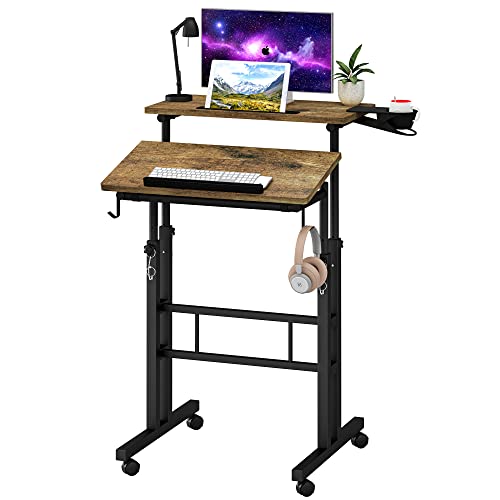Klvied Rolling Mobile Desk with Cup Holder, Portable, Adjustable Height Small Stand up Desk on Wheels for Home Office Laptop Cart, Computer, Stan