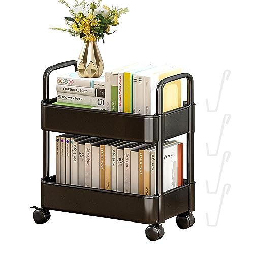 Under Desk Rolling Cart, Movable Bookshelf Cart, Mobile Book Cart Organizer, 2 Tier Bookshelf, Cart Rolling Storage Organizer for Office Home Kit