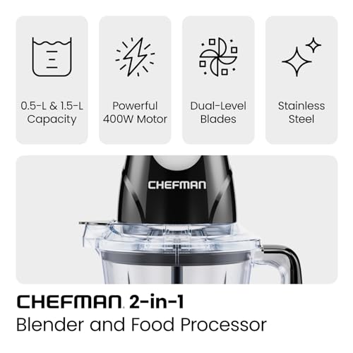 CHEFMAN 2-in-1 Food Processor and Portable Blender with 400W Motor, 2-Tiered Blade System, Ice Crusher - Ideal for Smoothies, Purees, Chopped Veg