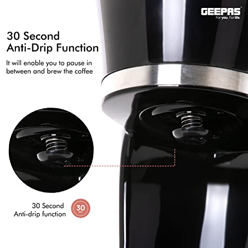 GEEPAS 1.5L Filter Coffee Machine | 800W Coffee Maker for Instant Coffee, Espresso, Macchiato & More | Boil-Dry Protection, Anti-Drip Function, A