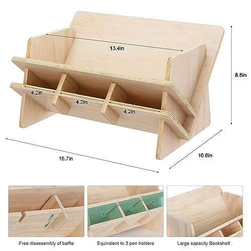 RekRang Desktop Bookshelf Desk Organizer Shelf,Tabletop Tilted Bookcases with Pen Holder,3-in-1 Wood Storage Rack Display Stand Shelf Home Office