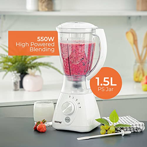 Geepas 550W 2 in 1 Food Jug Blender with 1.5L BPA Free Jar | 4 Sharp Stainless Steel Blades with 2 Speed | Ice Crusher, Mill, Coffee/Spice Grinde