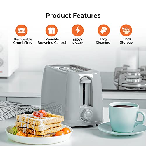 Geepas 2 Slice Bread Toaster with 6 Level Browning Control - Removable Crumb Tray, Cancel Function, Cord Storage & Cool Touch Plastic Housing - 6
