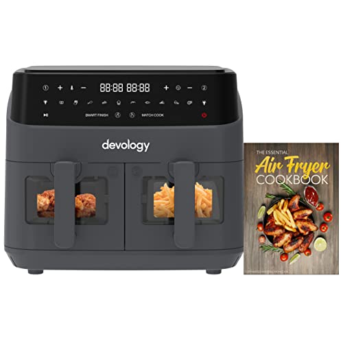 Devology Double Air Fryer - 9L - 2 x 4.5L Independent Cooking Zones With Light Up Glass Front - Free 50 Recipe Cookbook- 10 Cooking Programs - Di