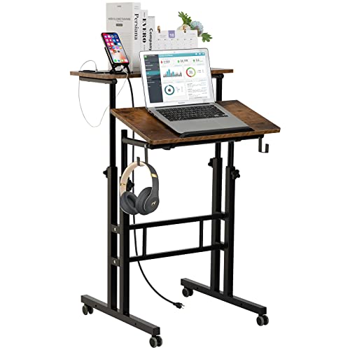 SIDUCAL Mobile Stand Up Desk, Adjustable Laptop Desk with Wheels, Home Office Workstation with USB Ports and Outlets, Rolling Desk Laptop Cart fo