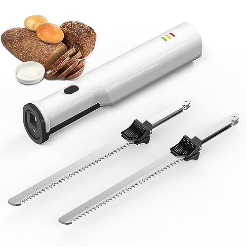 HYQNG Electric Meat Carving Knife, Cordless Meat Slicer Knife Bread Knife with 2 Serrated 8” Stainless Steel Blades & Safety Lock Trigger Release