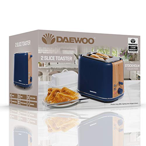 Daewoo SDA1740GE Stockholm 2 Slice Matte Finish Wood Effect Toaster | Cancel, Defrost & Reheat Functions | 6 Time Settings | Bread Size 12cm x 12