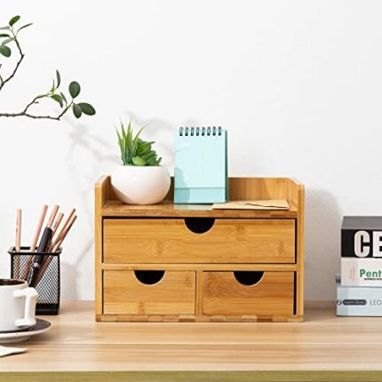 ExoLiry Bamboo Desk Organizer Wooden Storage Cabinet 3 Drawers with Shelf Tabletop Organization Box Home Office Workspace Bathroom Toiletries Sup