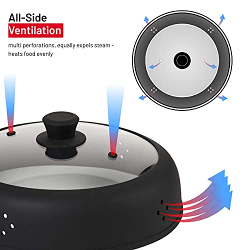 Bezrat Vented Glass Microwave Plate Cover | Large 12-inch Splatter Guard Lid | Firm Grip Silicone handle | 100% Food Grade | Dishwasher Safe (Bla