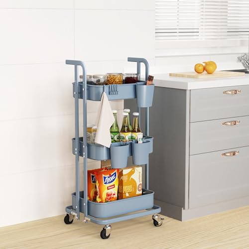 Merapi 3 Tier Foldable Rolling Cart, Metal Utility Cart with Wheels, 3 Hanging Cups and 6 Hooks, Folding Trolley for Living Room, Kitchen, Bathro
