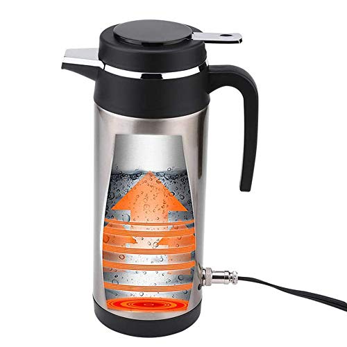 Stainless Steel Electric Car Kettle, Travel Thermos Hot Water Bottle with Sealed Rubber Band 1200ML 12V Car Heating Mug for Hot Water Coffee Tea
