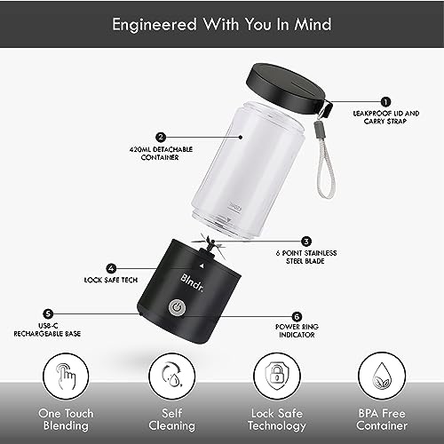 Blndr | Portable, Rechargeable Blender & Smoothie Maker | 420ml Capacity, 6 Stainless Steel Blades, 4000mAH Battery (Carbon Black)