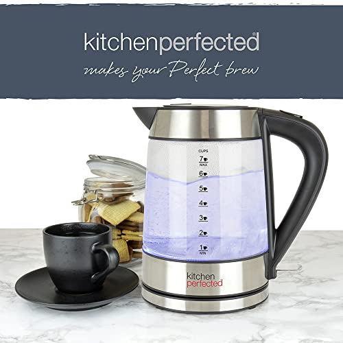 Kitchen Perfected Eco-Friendly Blue Illuminating Cordless Glass Kettle - 1.7Ltr, 2200w, Fast and Quiet Boil, 1 Cup in 60 seconds, Only boil what