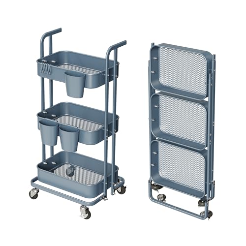 Merapi 3 Tier Foldable Rolling Cart, Metal Utility Cart with Wheels, 3 Hanging Cups and 6 Hooks, Folding Trolley for Living Room, Kitchen, Bathro