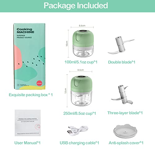 FIOUSY Mini Food Chopper, 100ML+250ML, Wireless Portable Electric Garlic Chopper, USB Charging, Easy to Clean, Food Processor for Baby Food/Peppe