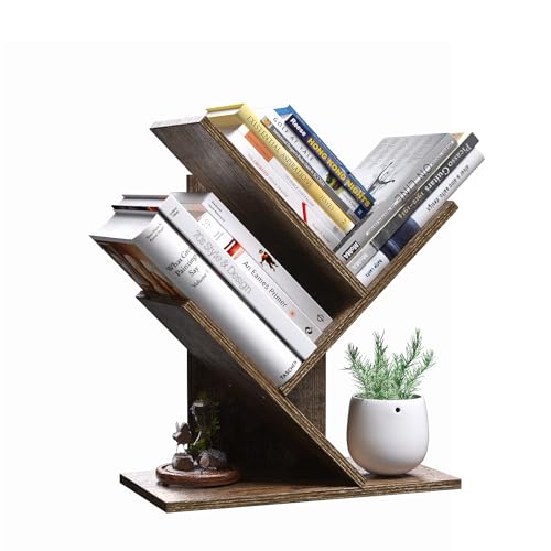 RUISHENG Tree Bookshelf, 4 Shelves Bookcase for Books/Magazines/CDs, Floor Standing Bookshelf for Office, Bedroom, Home (Rustic Brown)