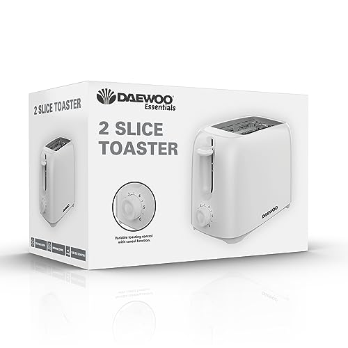 Daewoo Essentials, Plastic 2 Slice Toaster, White, Variable Browning Controls, Cancel Button, Cool Touch Design, Removable Crumb Tray, Auto Cut-O