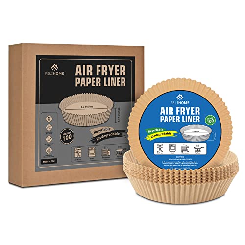 Felihome Air Fryer Liners Disposable Silicone Oil-Coated, 100PCS Non-Stick AirFryer Liners Food Grade, Air Fryer Paper Liners Round Water-Proof,