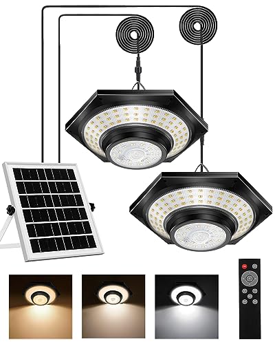 Ufelizor Solar Shed Light Outdoor Indoor 228LED Dual Head Solar Pendant Lights Work in Daytime with 3 Color Temperature,Motion Sensor&5 Lighting